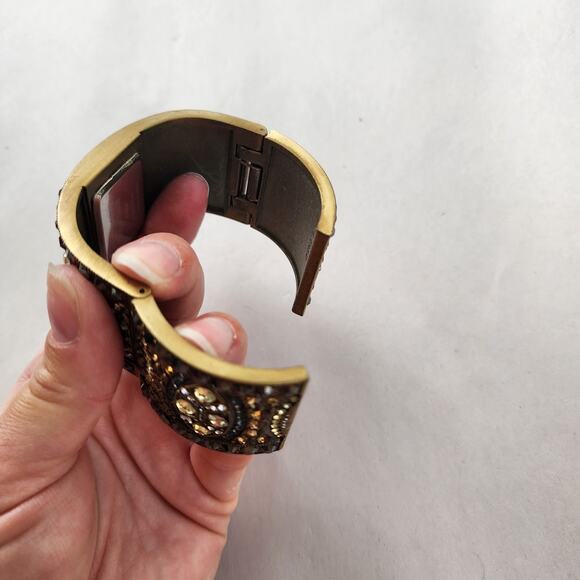Heidi Daus Hinged Cuff Bracelet Watch Tan Swarovski Crystals Bangle Bronze New - Picture 5 of 11